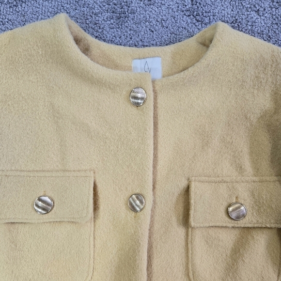 Joie Canary Yellow Collarless Belted Fuzzy Button-Up Jacket Pockets Whimsical - Picture 4 of 10